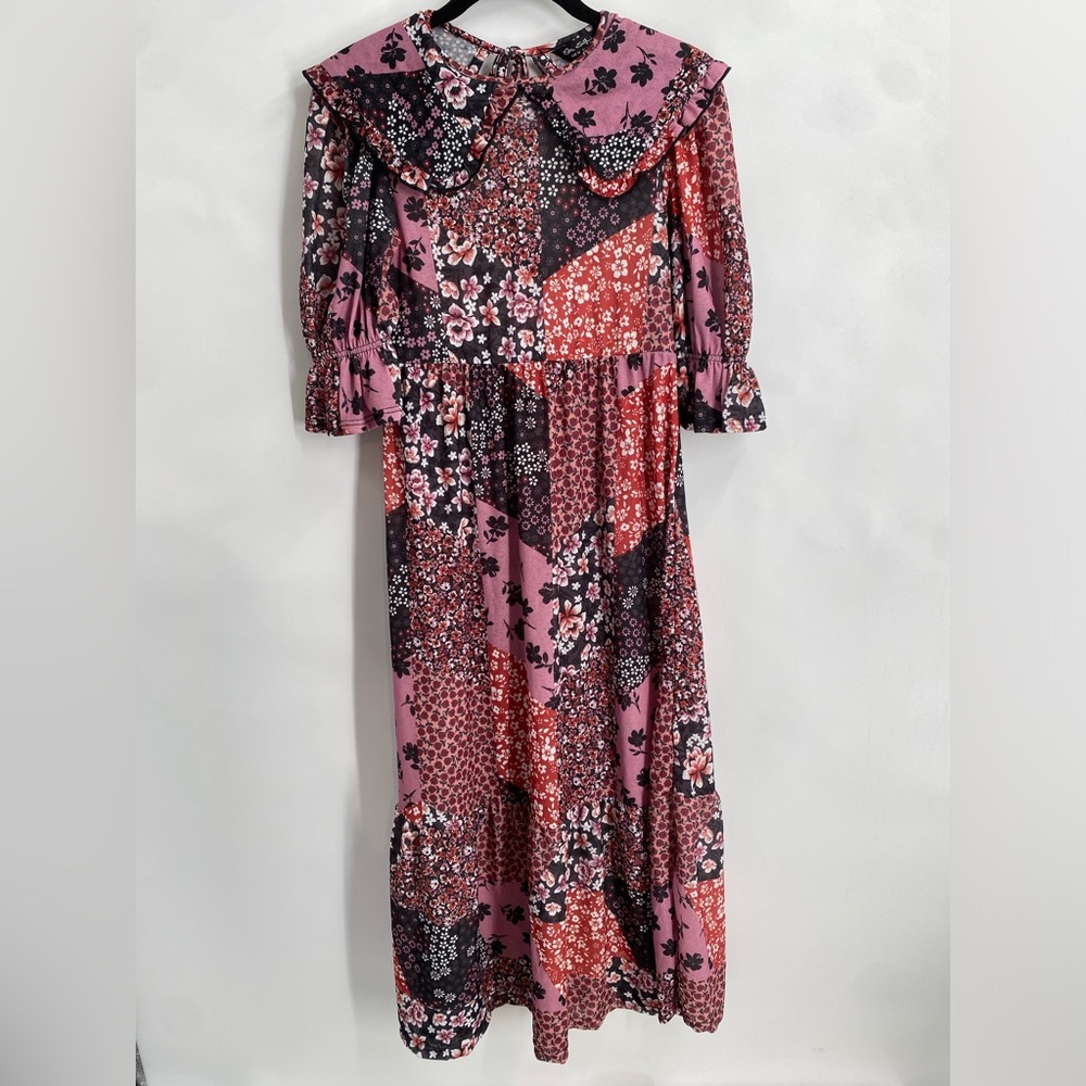 ASOS Miss Selfridge Floral Patchwork Smock Midid Dress Peter Pan Collar Size 2 - Picture 5 of 13